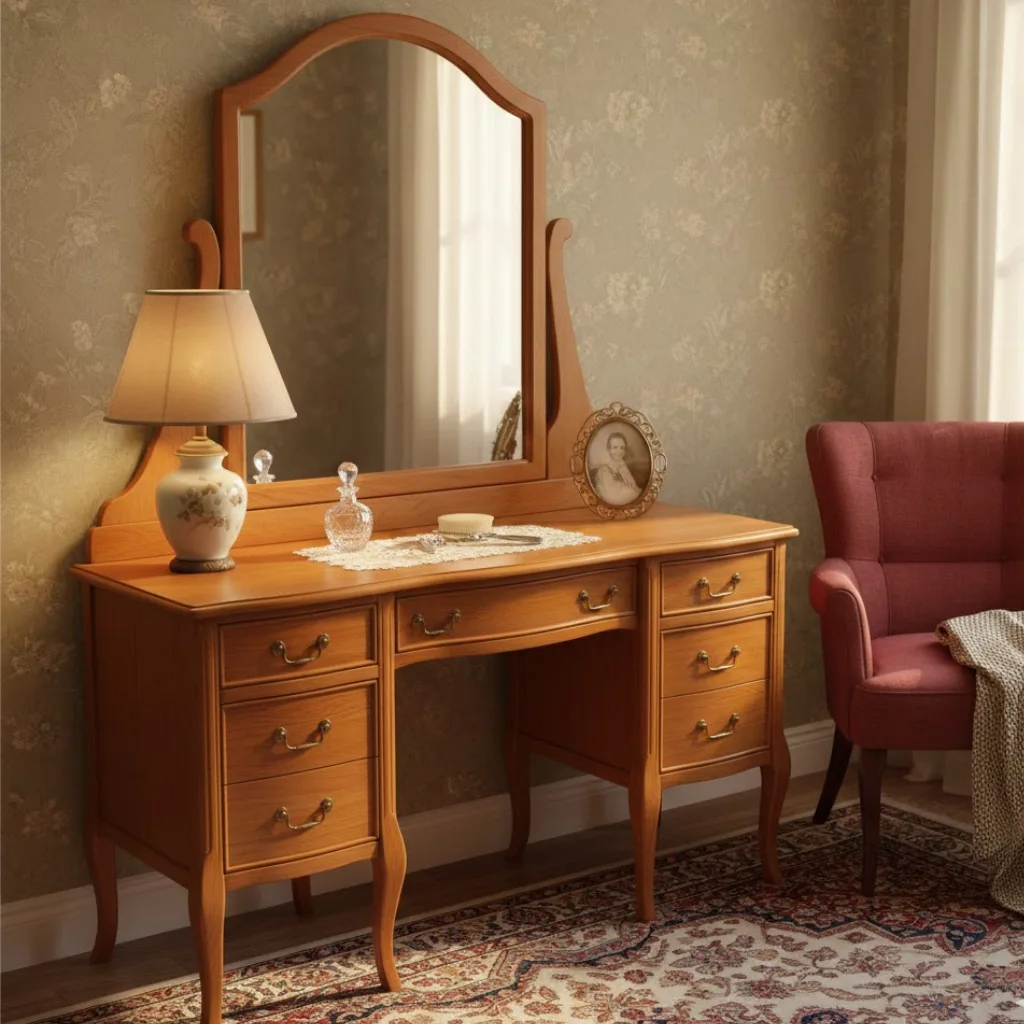 Classic wooden dressing table idea for bedroom with framed mirror and warm traditional design.