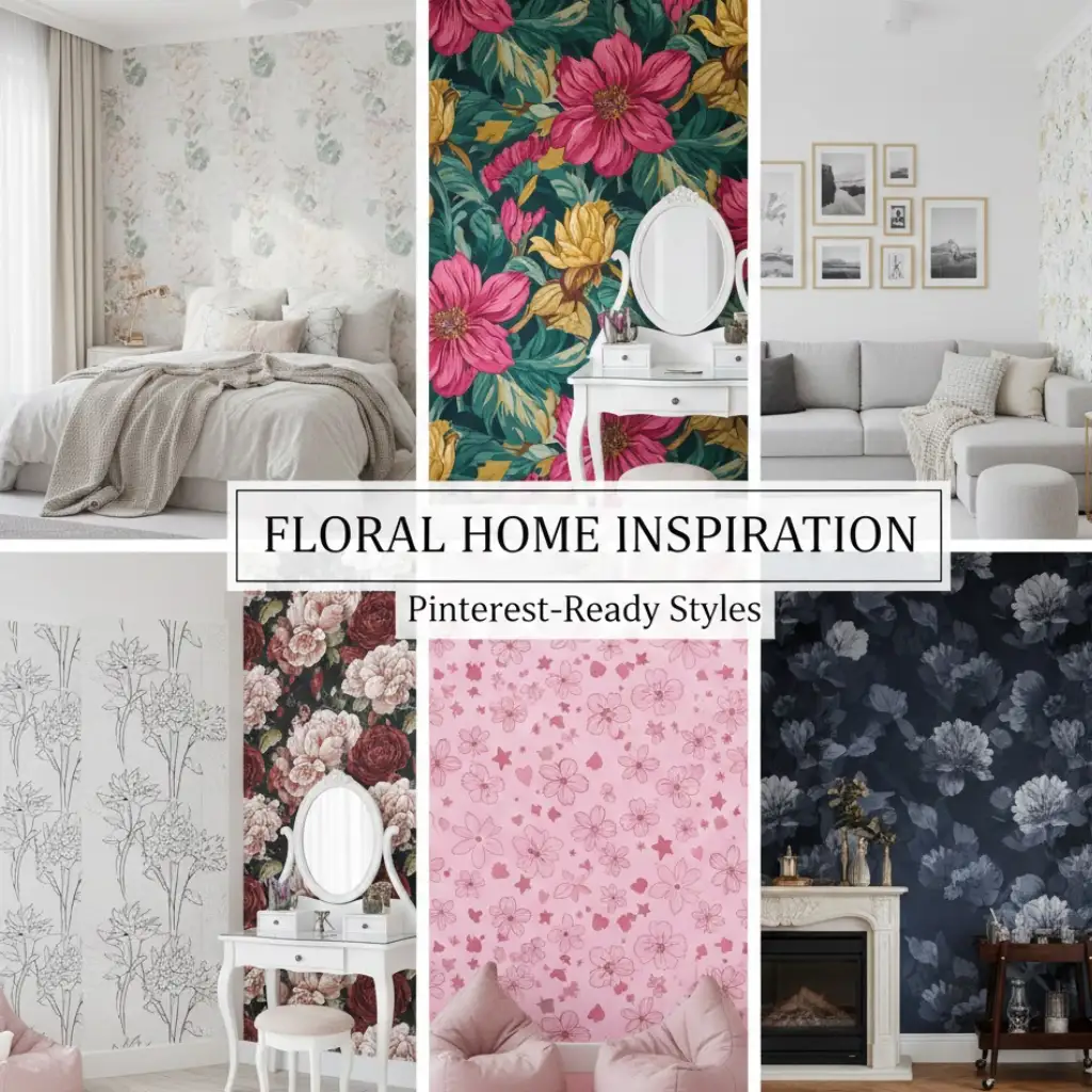 Collage of stunning flower wallpaper ideas including pastel, bold, rose, pink, minimal, blue, and black floral designs transforming stylish home interiors