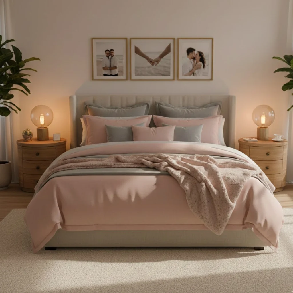 Cosy bedroom for couples featuring blush pink and grey bedding, warm lighting, framed photos, and greenery accents.