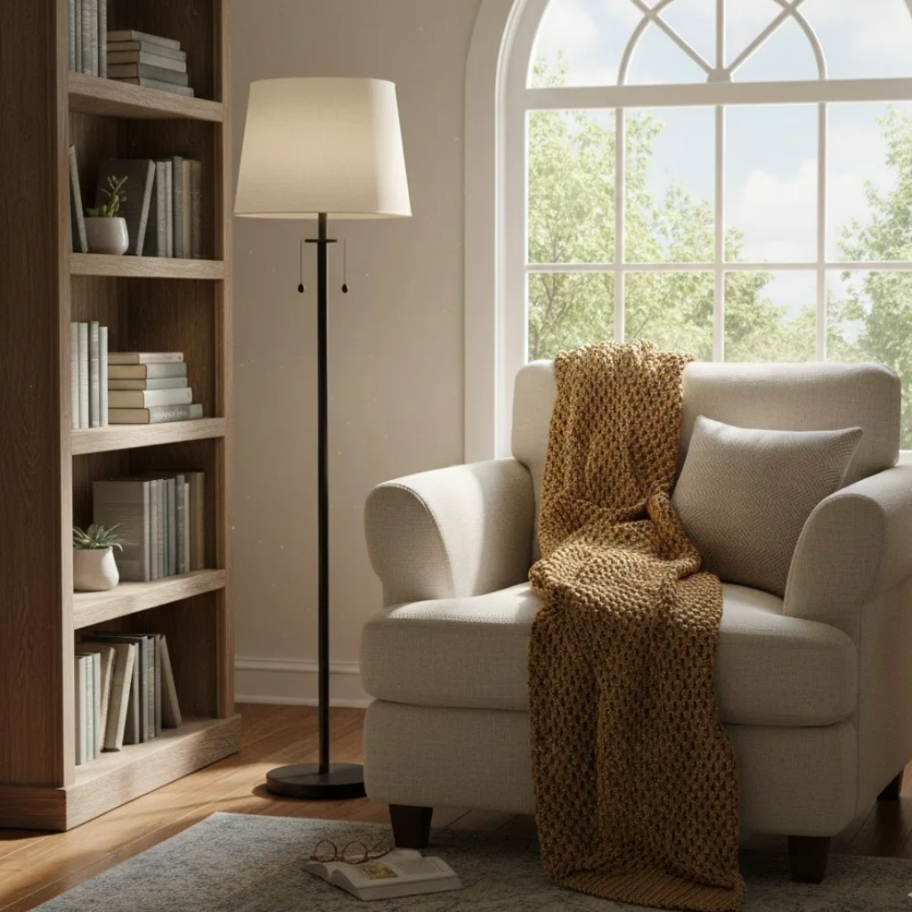 Cosy bedroom reading nook with a comfy chair, throw blanket, floor lamp, bookshelf, and sunlight streaming in