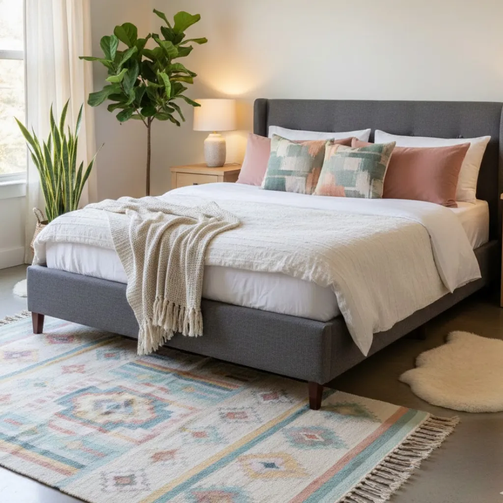 Cosy bedroom with grey bed, blush pink cushions, green plants, soft rugs, and warm lighting for a balanced colorful vibe.
