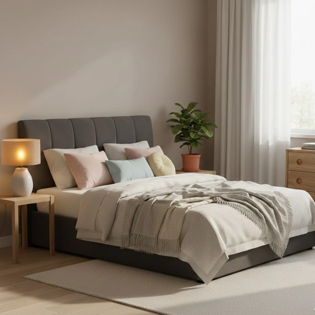 Cosy bedroom with grey bed, layered blankets and cushions, soft lighting, minimal wooden furniture, and plants, creating a warm and inviting atmosphere.