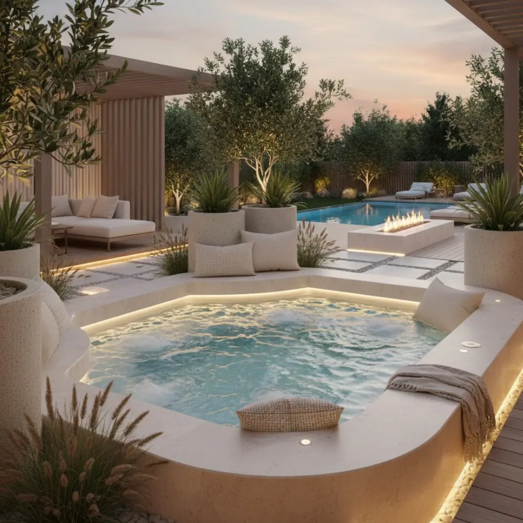 Covered patio outdoor jacuzzi offering comfort and year-round relaxation