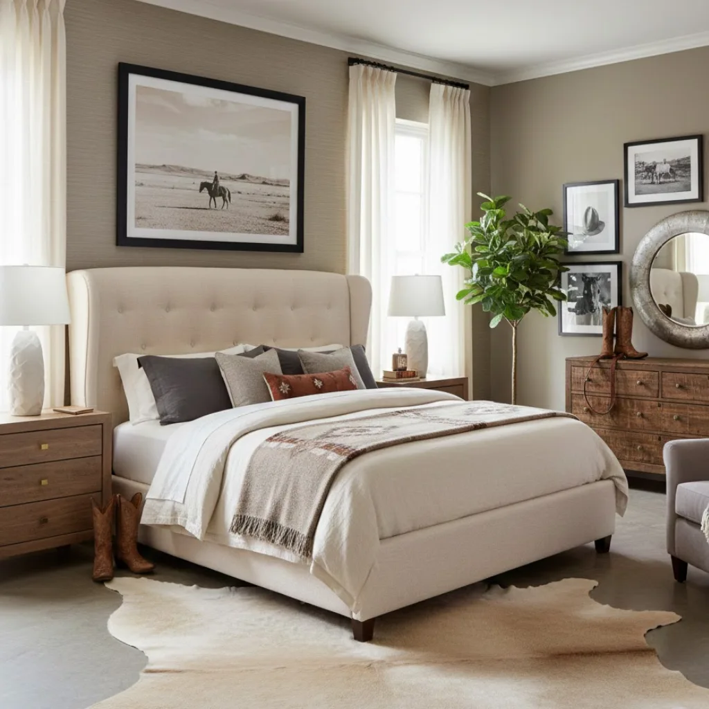 Cowgirl bedroom ideas for adults with refined and modern western style.