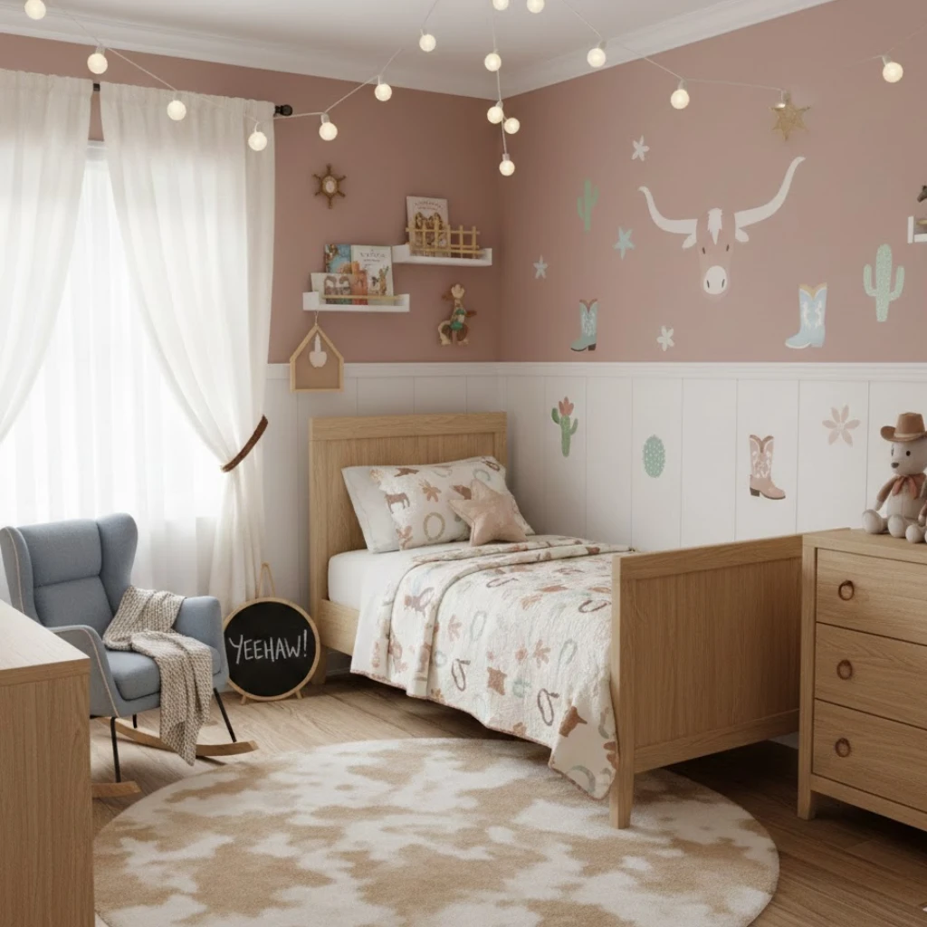 Cowgirl bedroom ideas for toddler with soft western decor and calming colors.