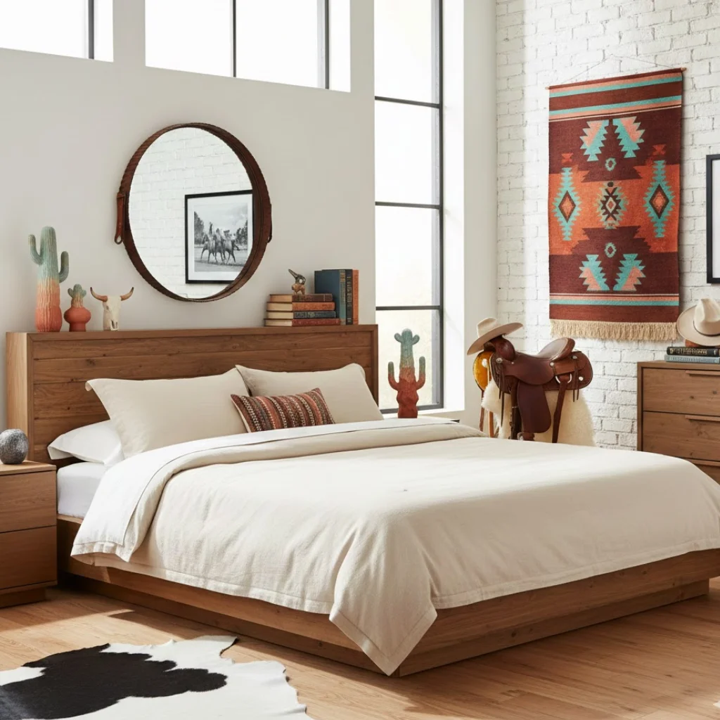Cowgirl bedroom styled with intentional western accessories and minimal decor.