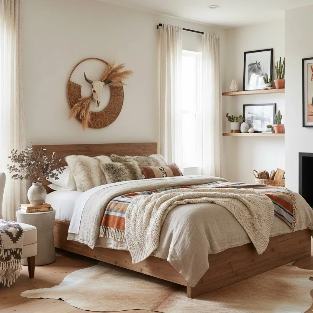 Cowgirl bedroom styled with seasonal updates and modern western accents.