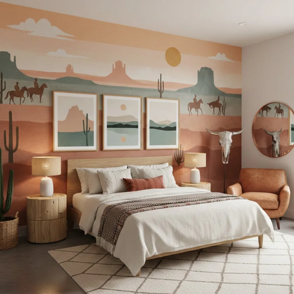 Cowgirl bedroom with a modern western wall mural and clean contemporary decor.