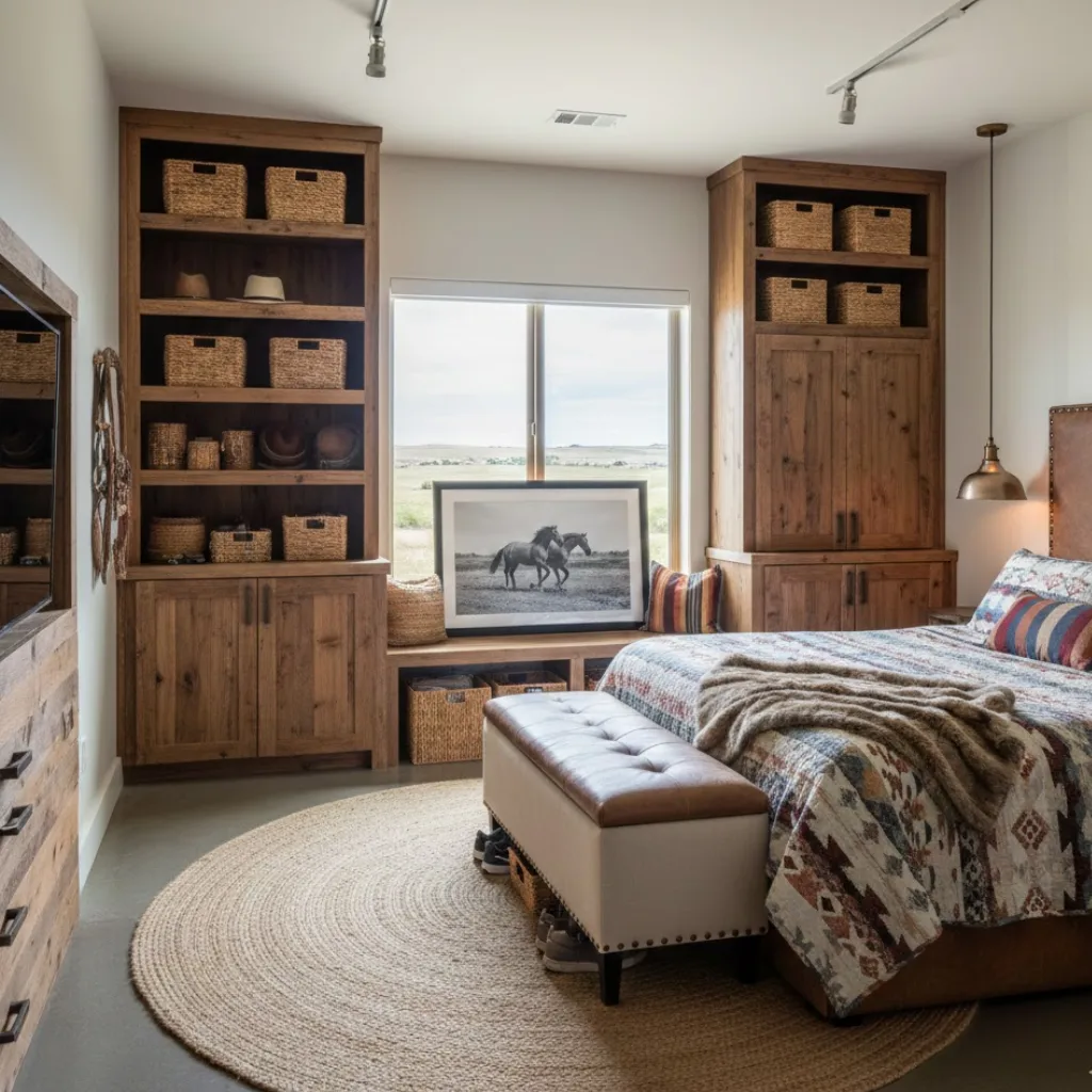 Cowgirl bedroom with smart storage solutions and modern western design.