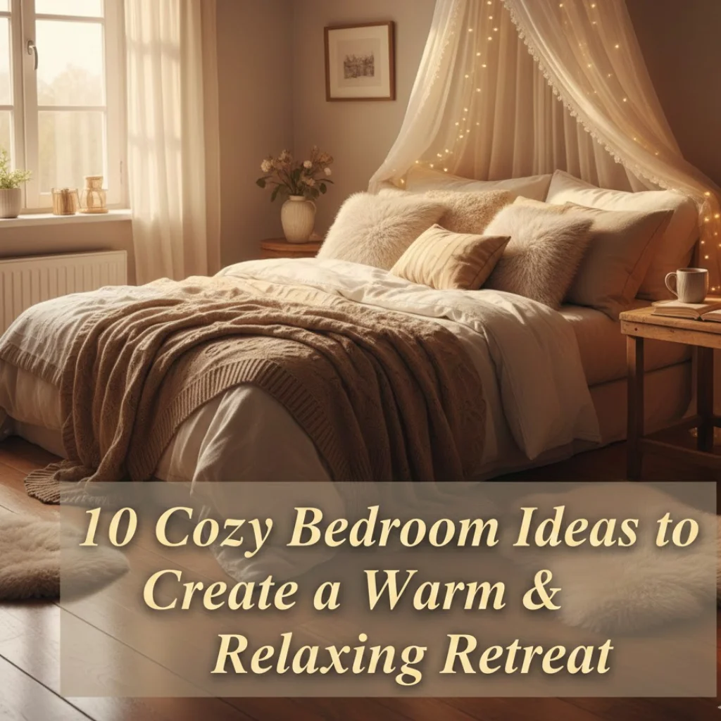 Cozy bedroom interior featuring layered bedding, warm lighting, and soft textures, showcasing cozy bedroom ideas aesthetic for a relaxing retreats