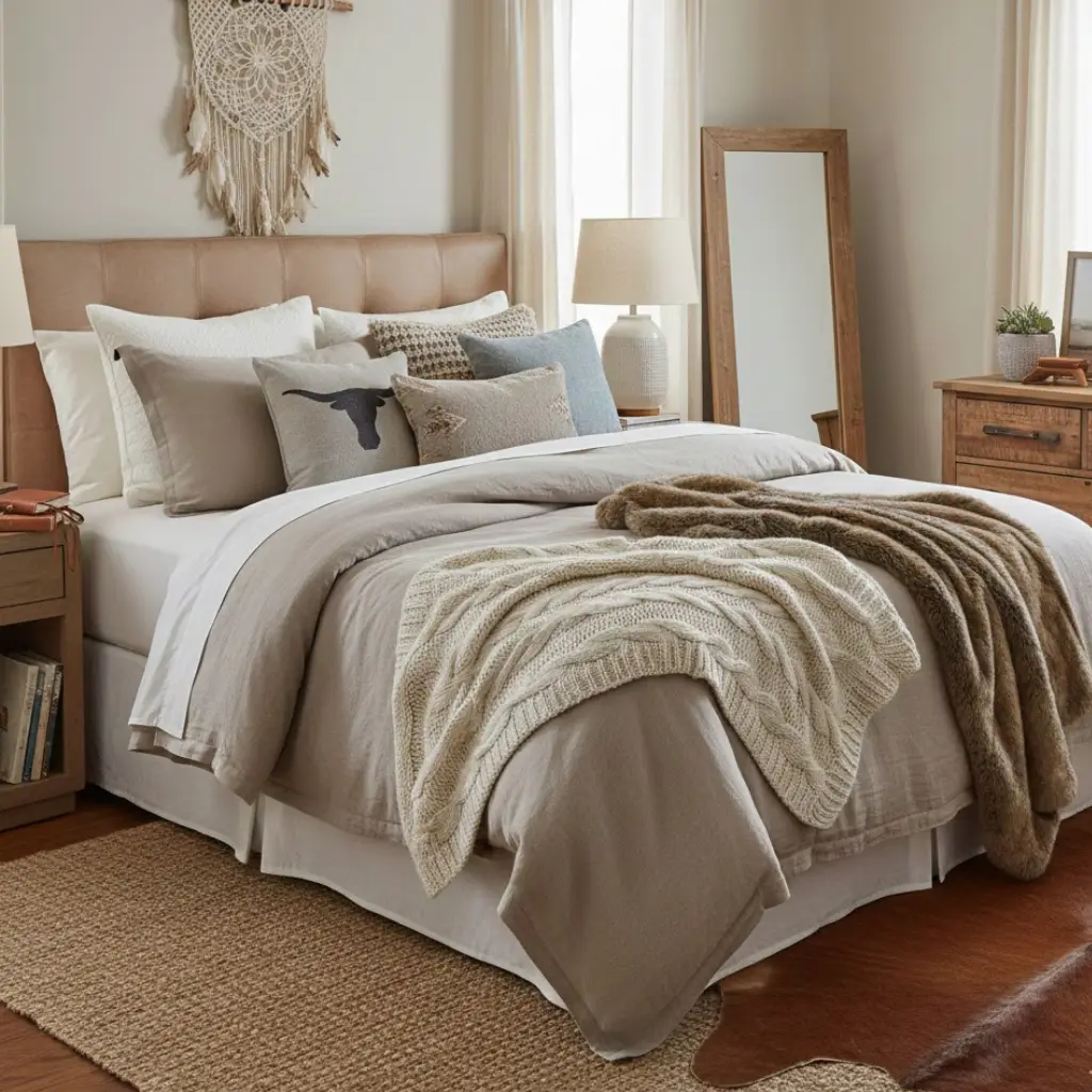 Cozy modern cowgirl bedroom with layered bedding and western textures.