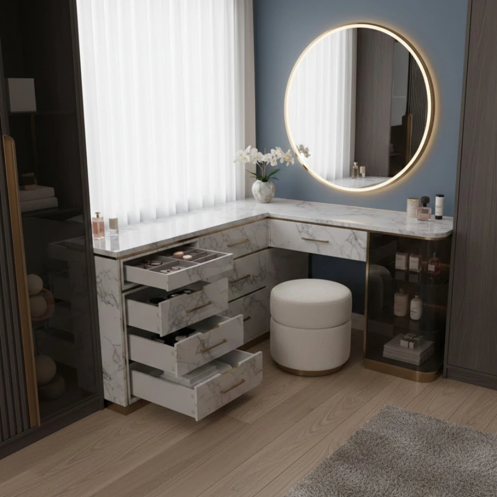 Customized dressing table idea tailored to bedroom layout and personal storage needs.