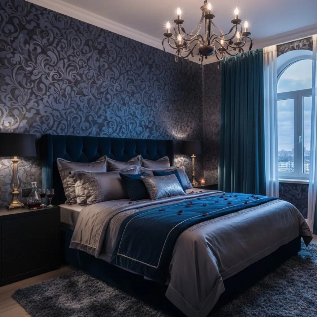 Dark romantic wallpaper creating an intimate and dramatic bedroom with deep, moody tones.