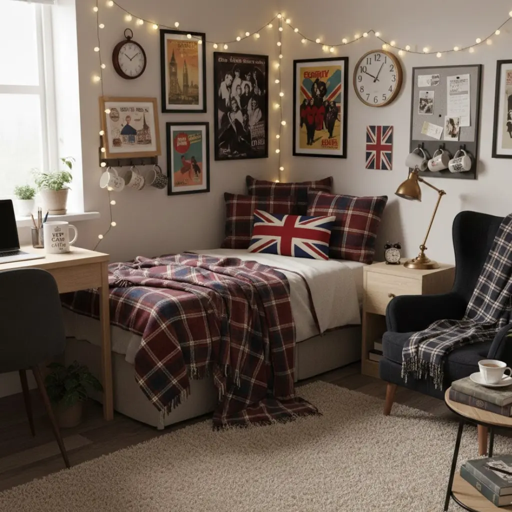 Dorm room decor with plaid accents adding British charm and warmth
