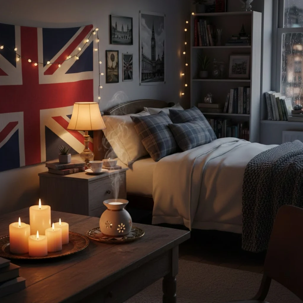 Dorm room essentials including candles for a cozy atmosphere