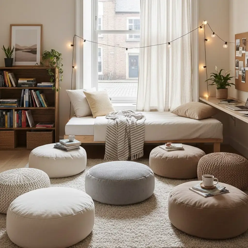 Dorm room seating idea using a soft pouf for small spaces