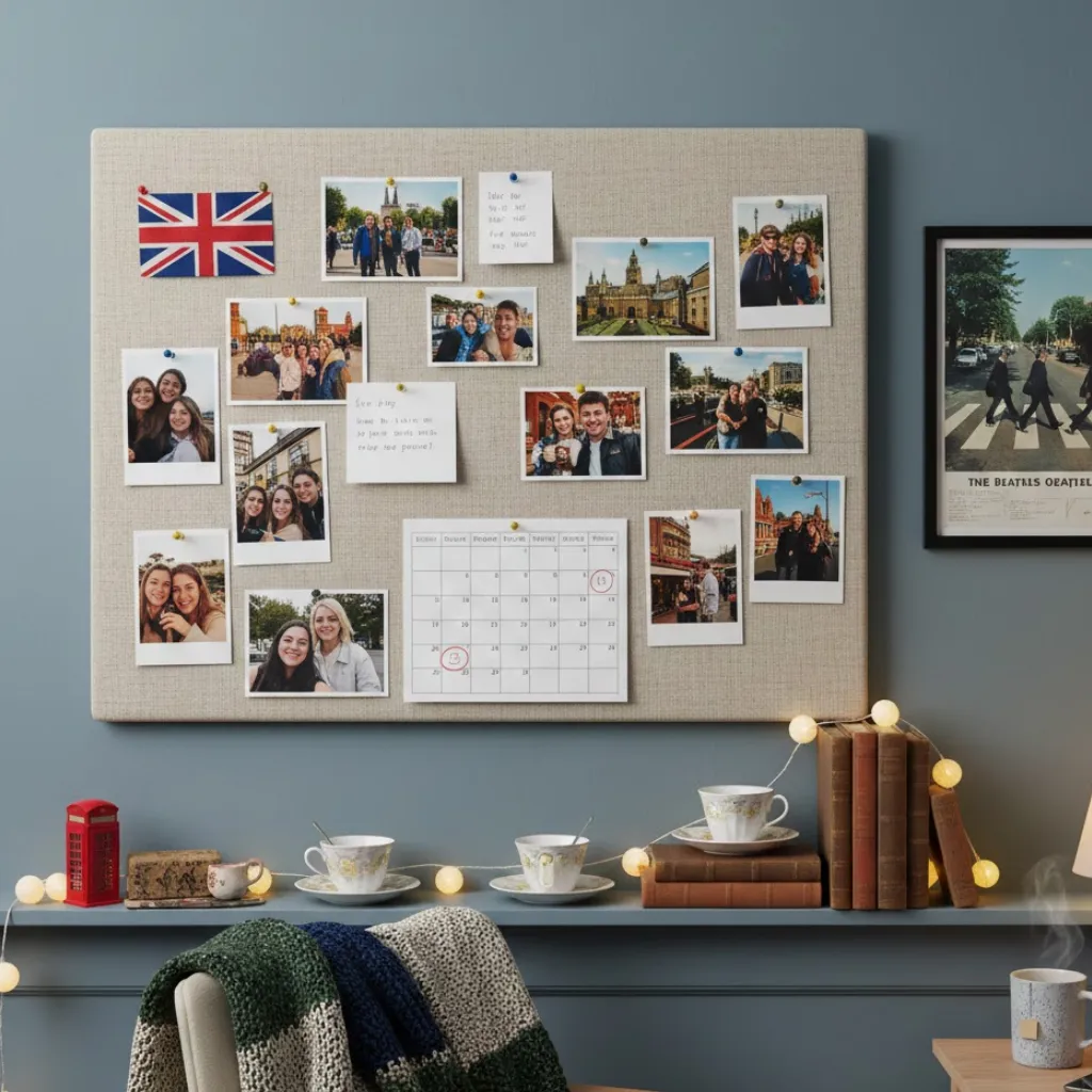 Dorm room wall decor featuring a fabric pinboard for a cozy aesthetic