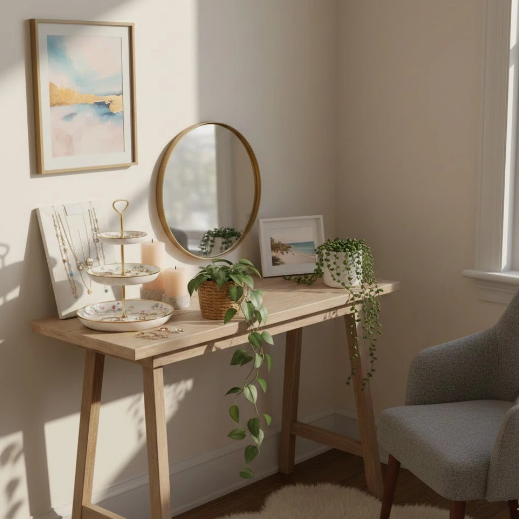 Dressing table decor idea featuring candles, plants, and stylish accessories.
