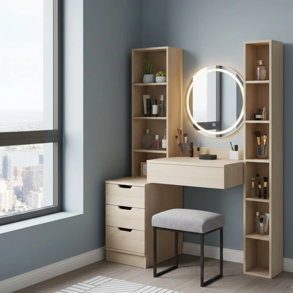 Dressing table idea for small spaces using compact and space-efficient furniture.