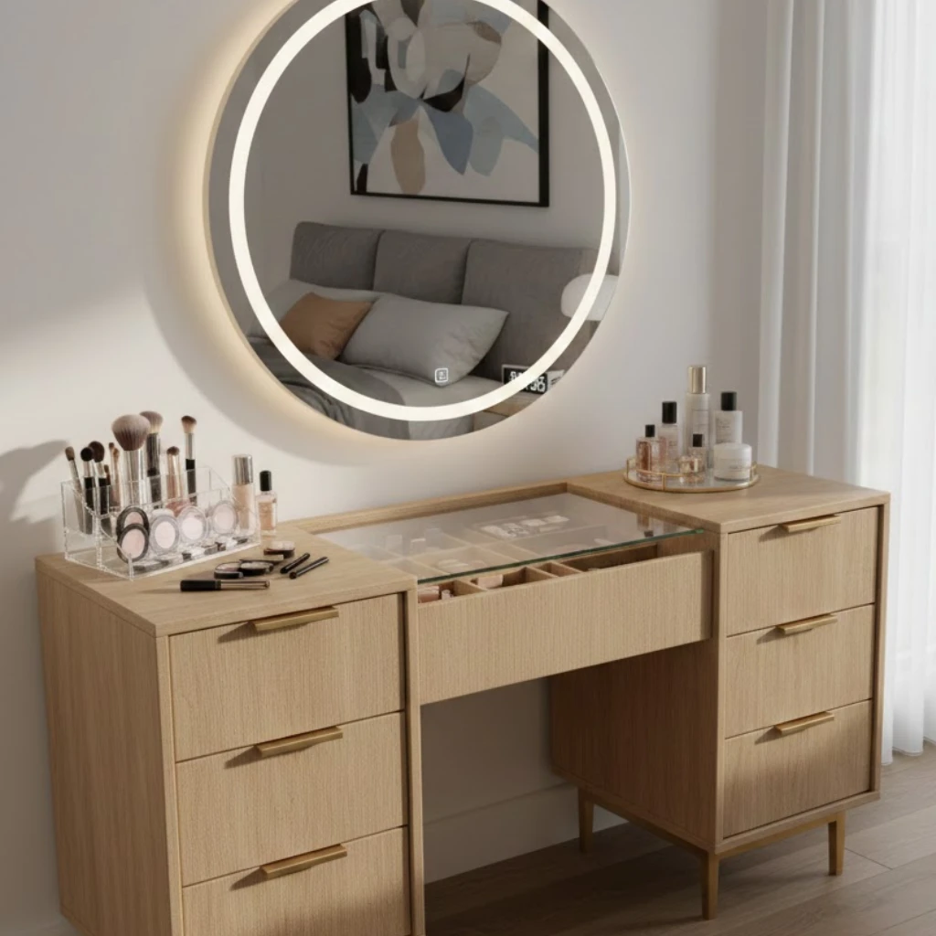 Dressing table idea with storage featuring organized drawers for makeup and accessories.