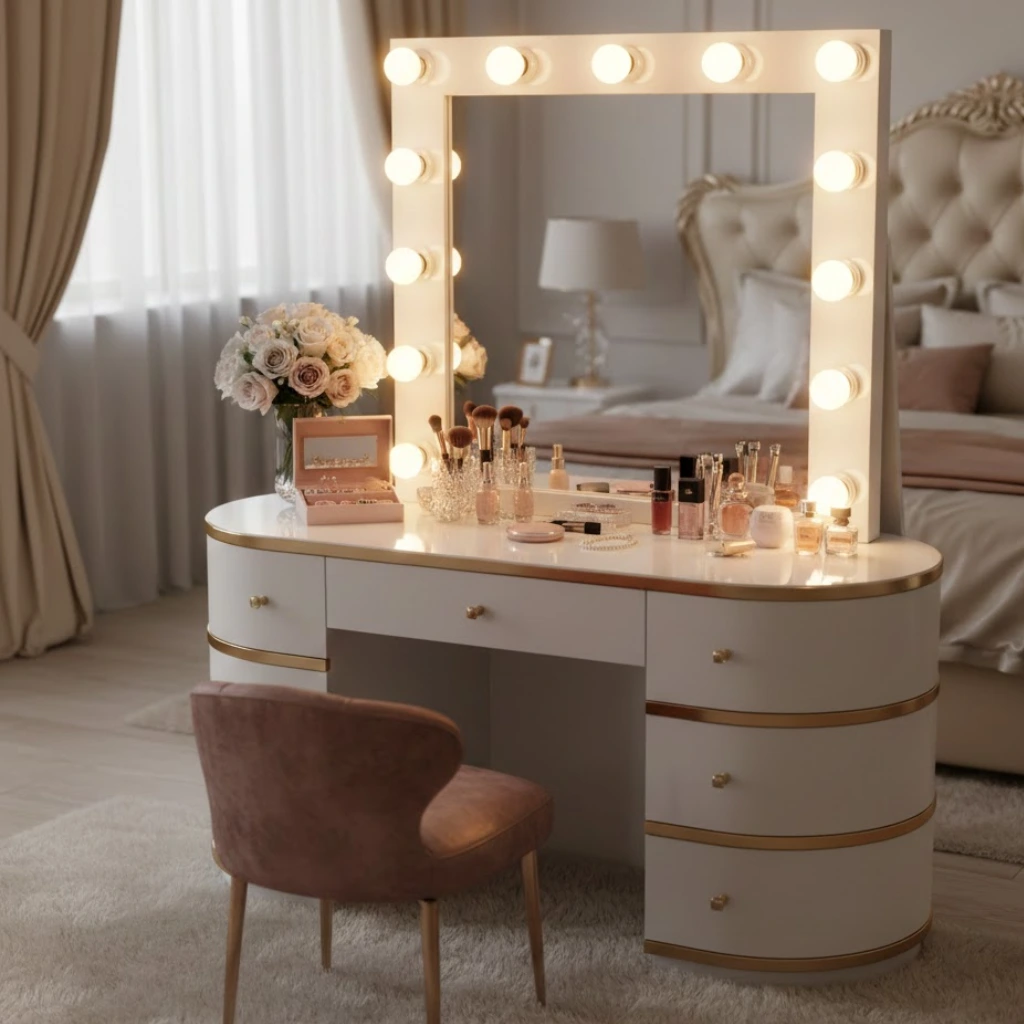 Dressing table with mirror and lights creating a well-lit vanity setup.