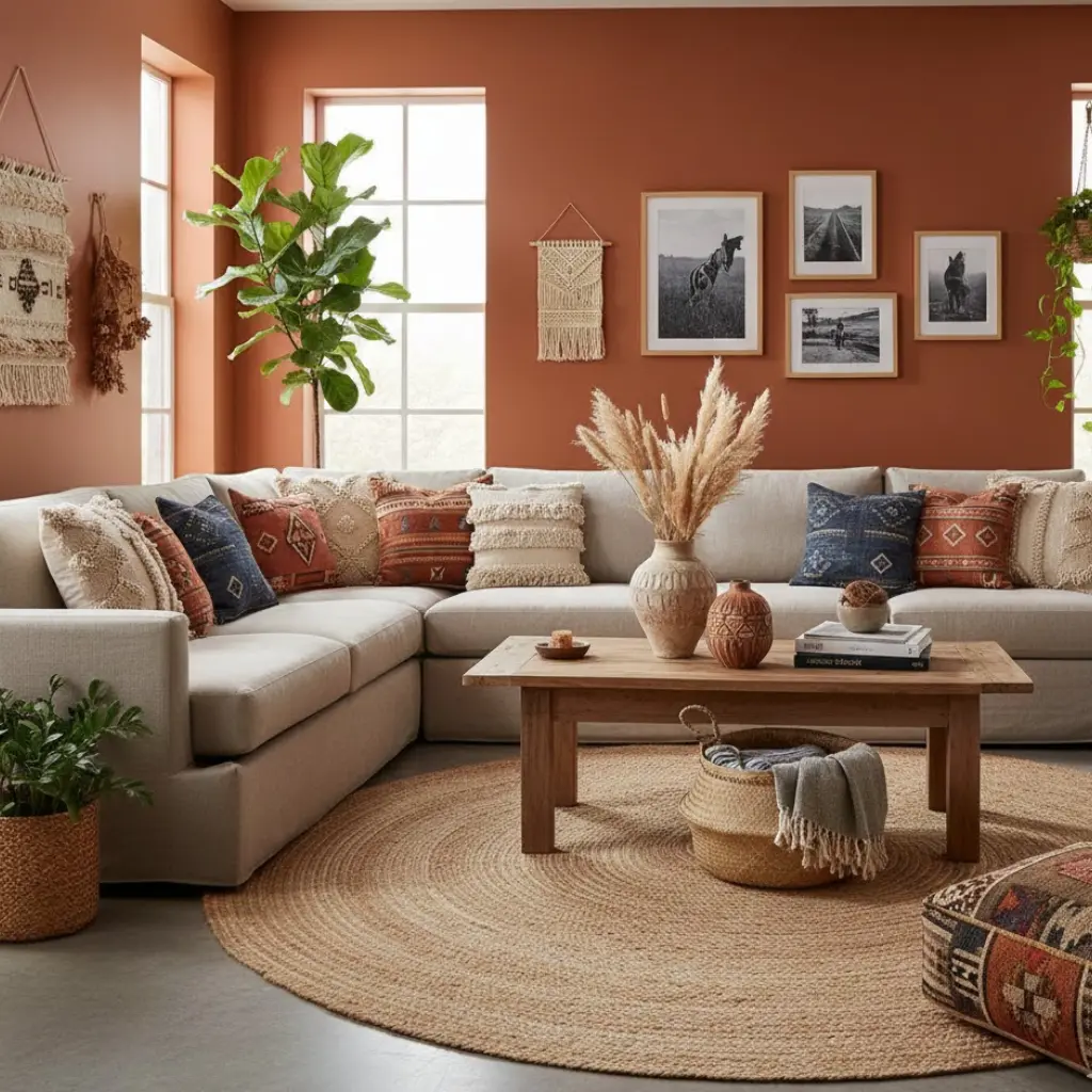 Earth-toned Afrohemian living room featuring tribal textiles, wooden furniture, and warm natural textures
