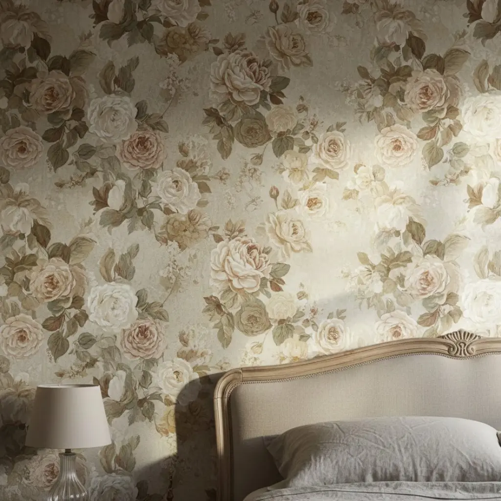 Elegant rose flower wallpaper adding a romantic and timeless feel to bedroom decor