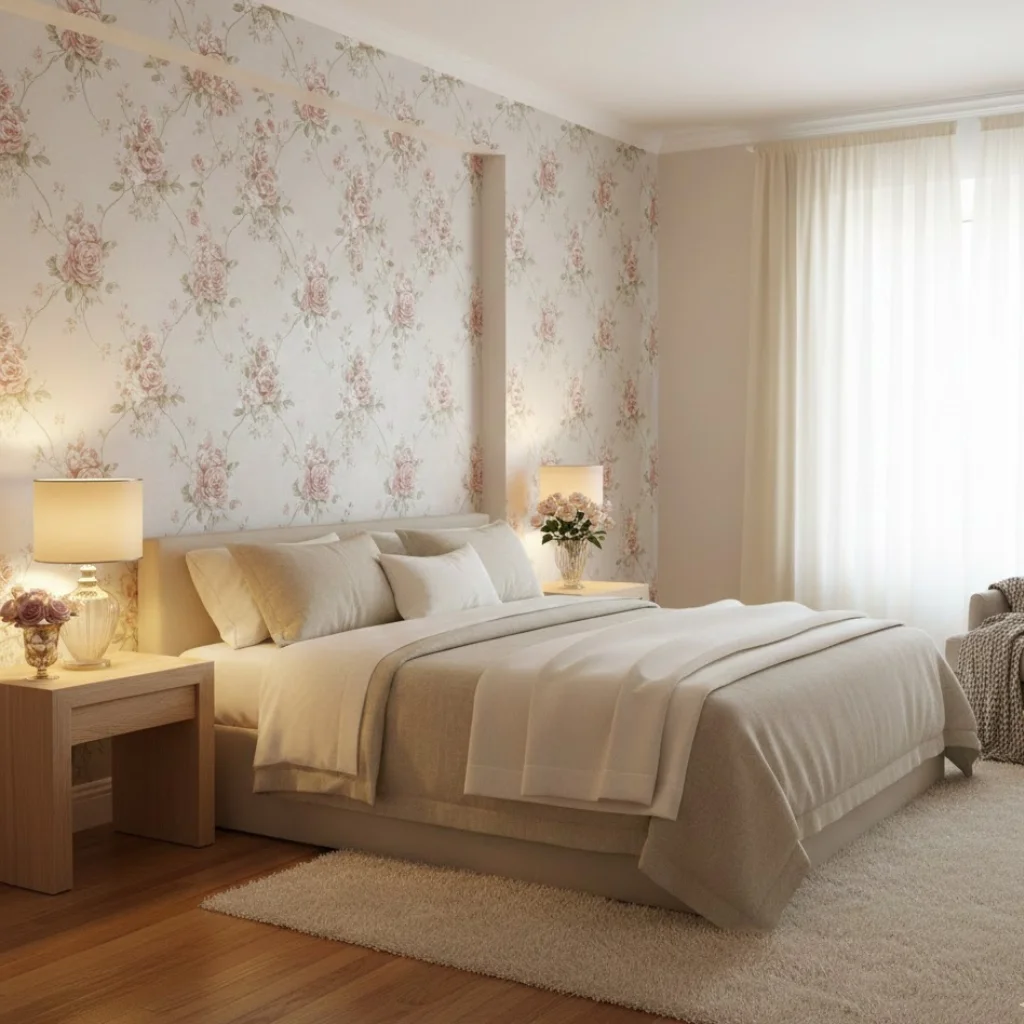 Floral romantic wallpapers in soft blush tones creating a warm and cozy romantic bedroom atmosphere.