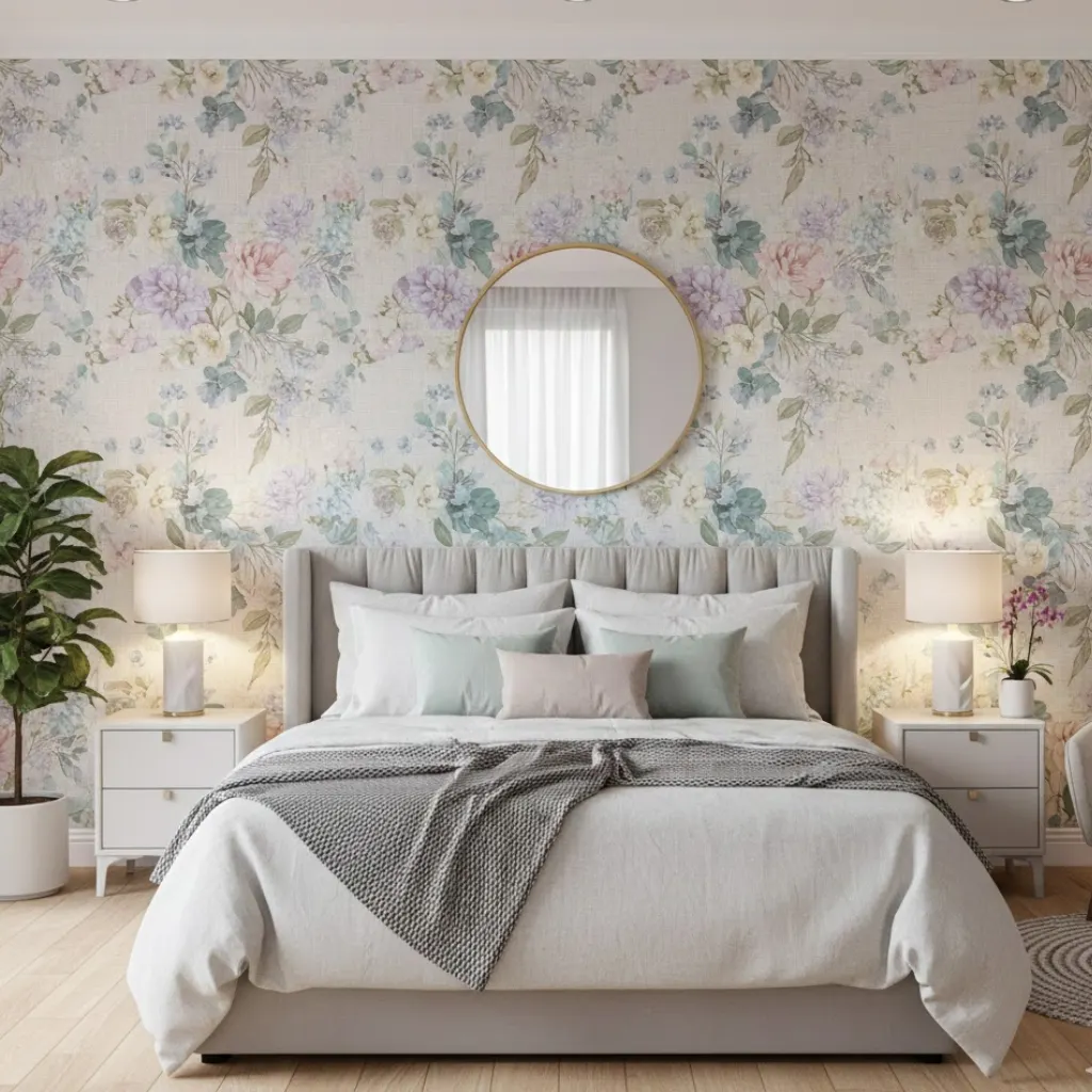 Flower wallpaper bedroom feature wall creating a relaxing and stylish sleeping space