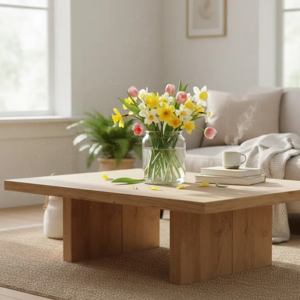 Fresh spring flowers styled in a minimalist vase indoors.