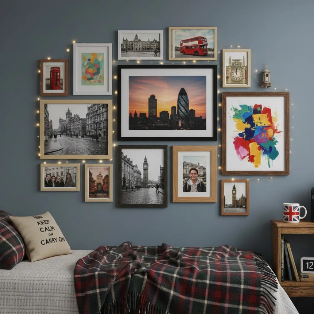Gallery wall dorm room decor inspired by British interior style