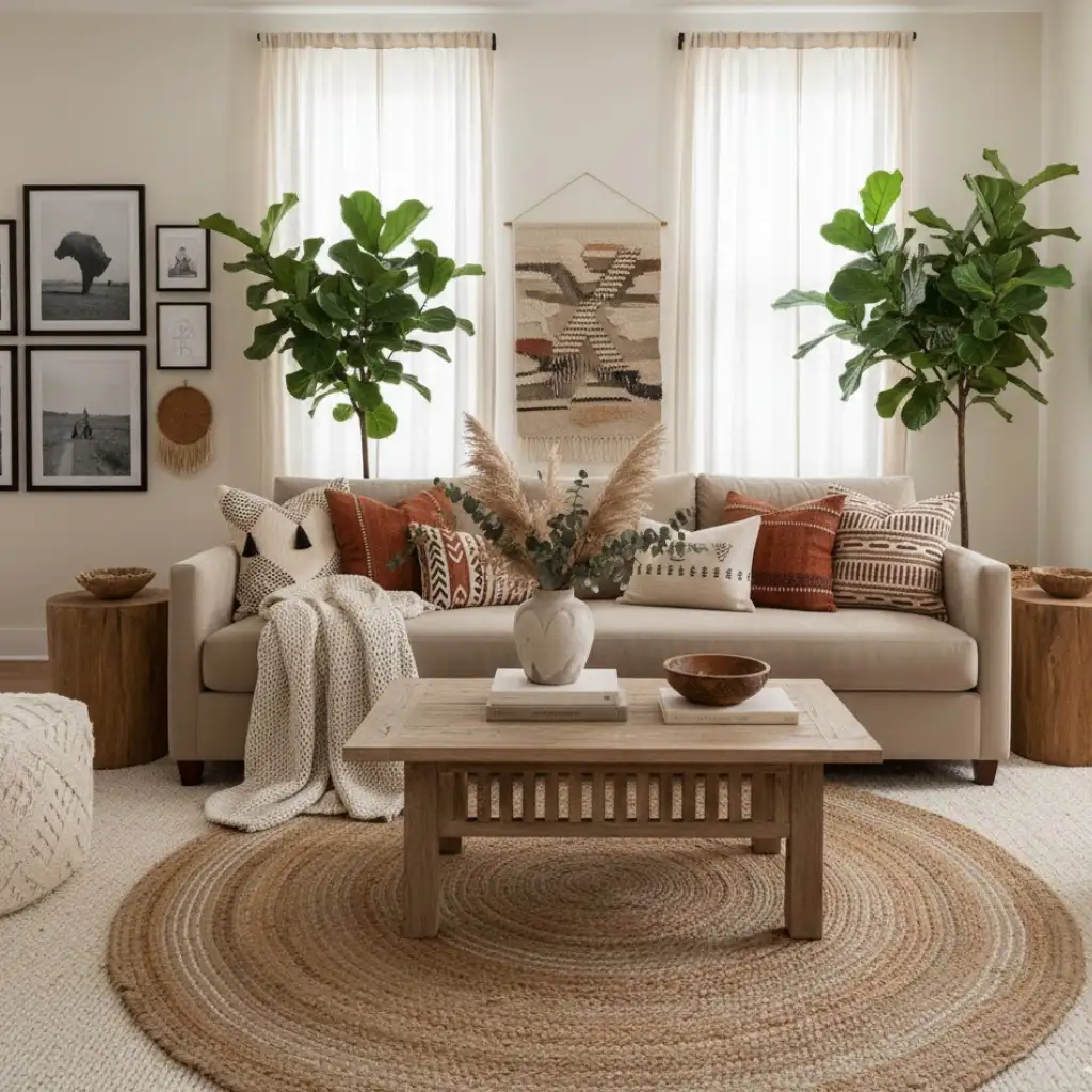 Global-inspired Afrohemian living room with African and worldly design accents
