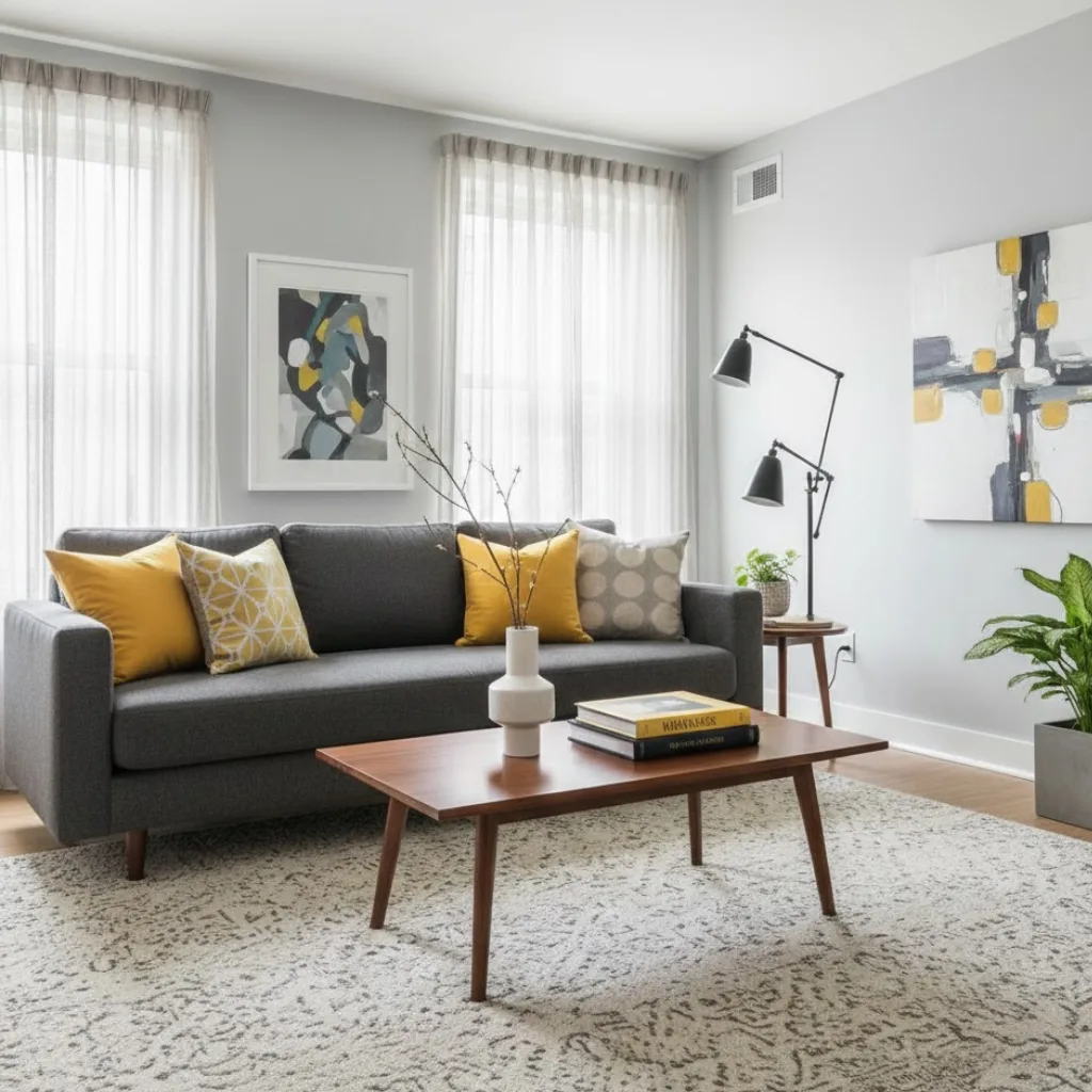 Grey and yellow living room ideas with modern decor and soft lighting.