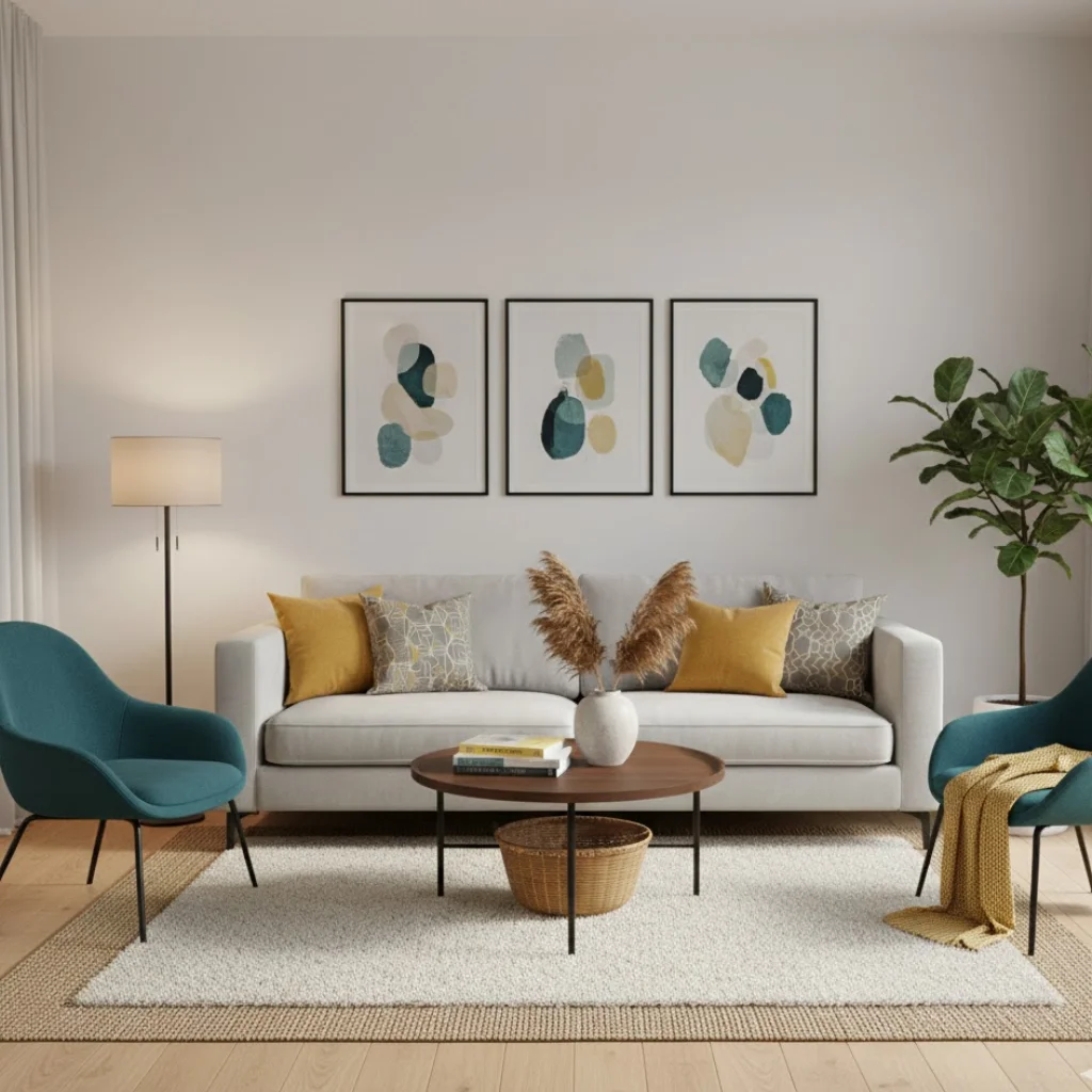 Grey teal and yellow living room decorating ideas with stylish accents.