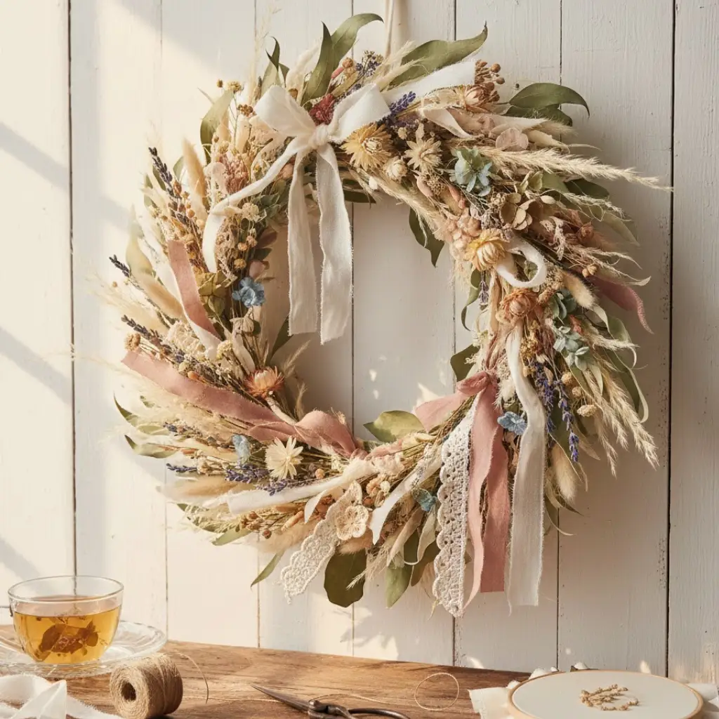 Handmade spring decor accents with dried flowers.