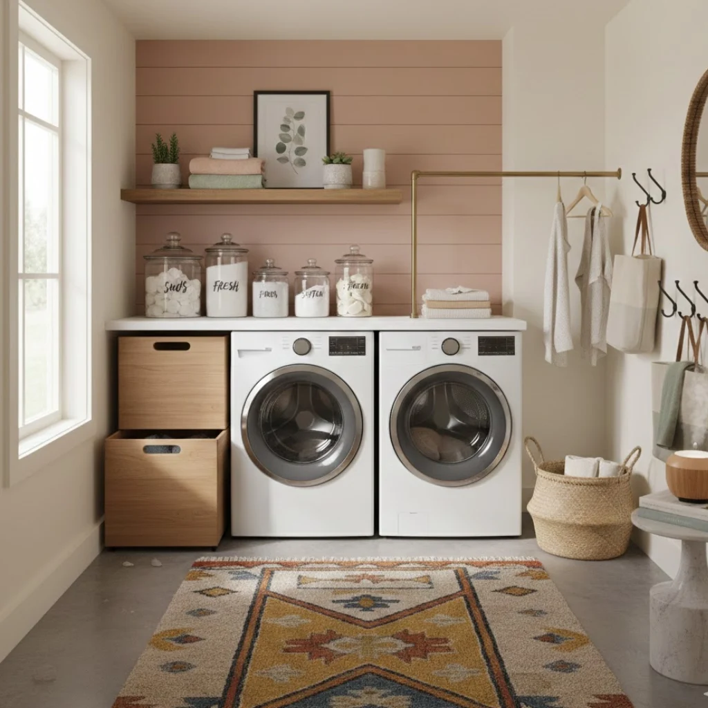 Laundry room decorated with jars, hooks, and rugs, blending style and functionality.