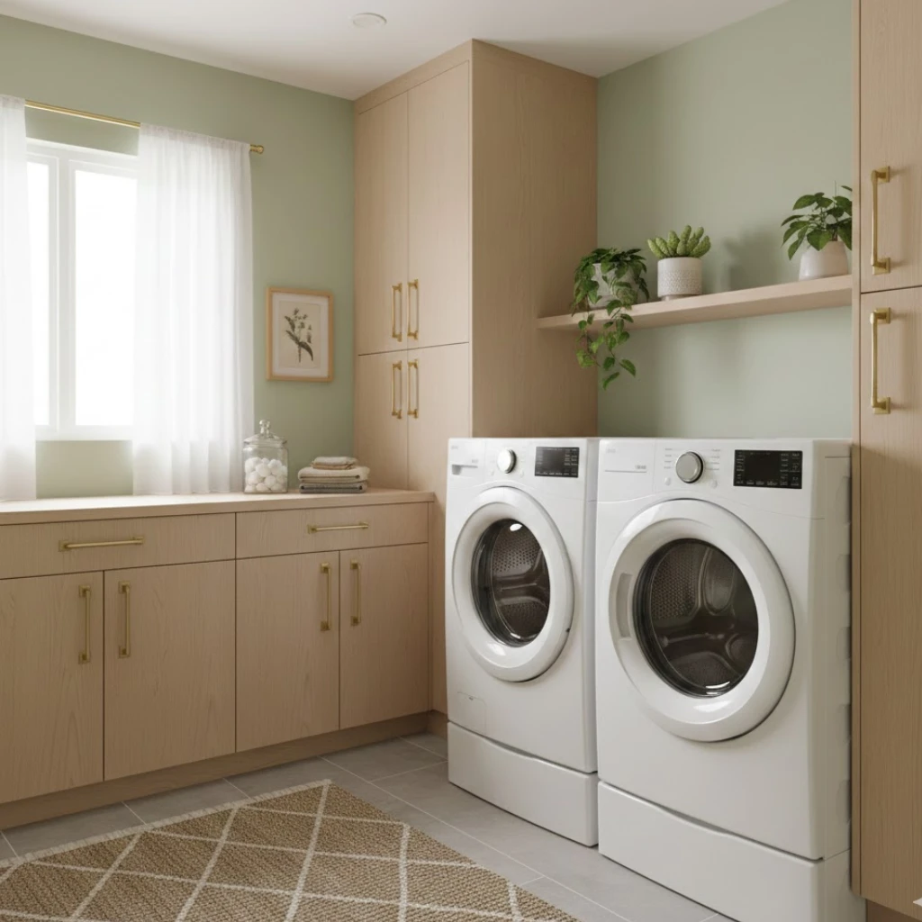 Laundry room makeover with fresh paint, decorative hardware, plants, and energy-efficient appliances creating a stylish and functional space.