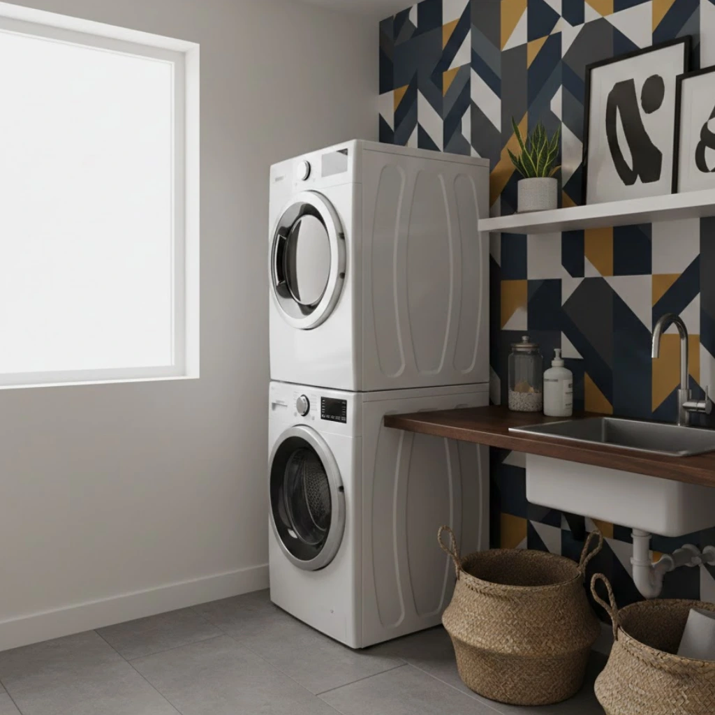 Laundry room with geometric wallpaper accent wall, stacked washer and dryer, and a small functional folding area.