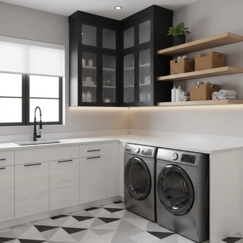 Laundry room with stylish cabinetry, combining open shelves and closed cabinets for practical and elegant storage.