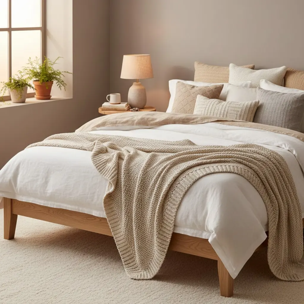 Layered bedding setup showcasing cozy bedroom ideas aesthetic with soft blankets, textured pillows, and warm neutral tones.