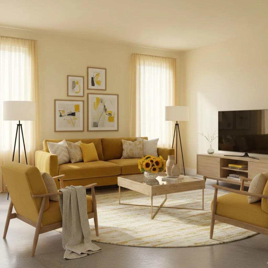 Layered yellow living room ideas with different yellow shades.