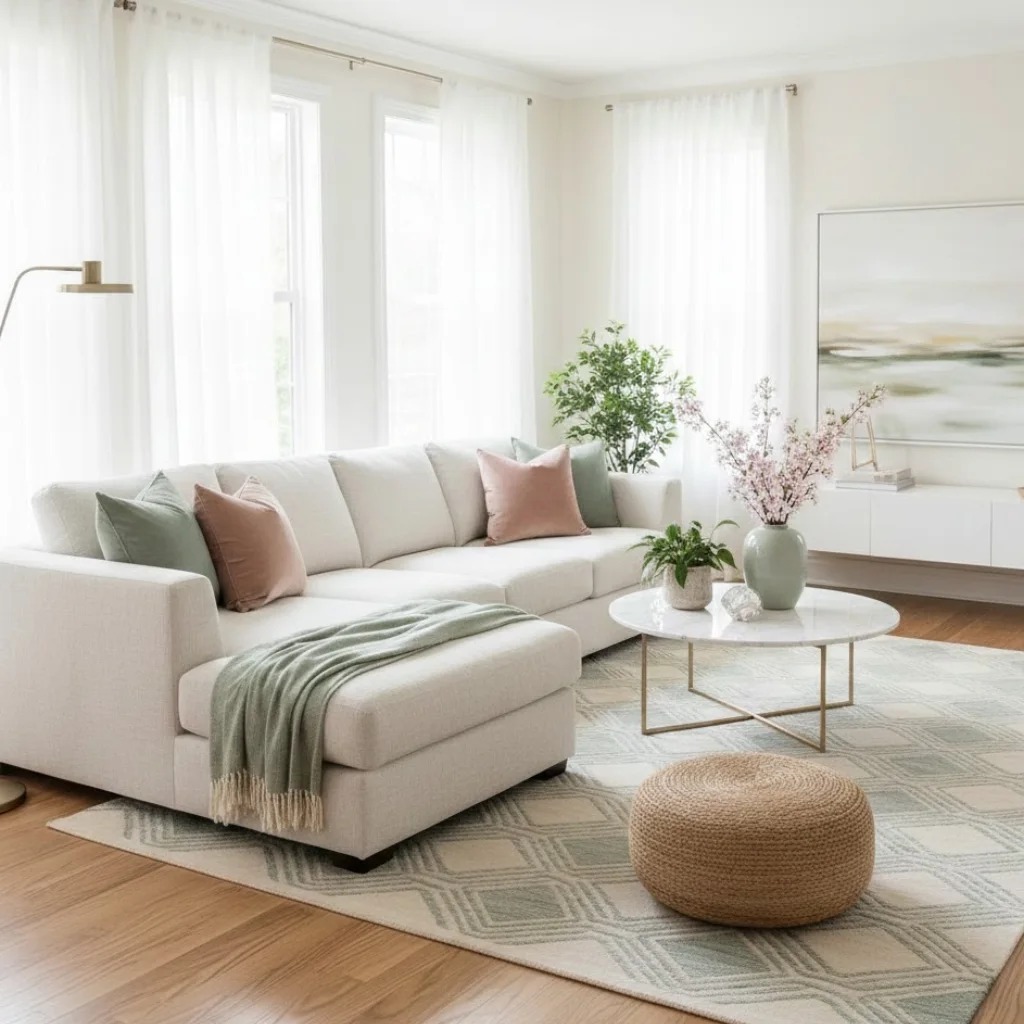 Light spring color palette replacing dark winter tones in a living room.
