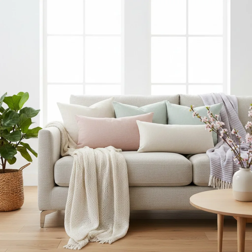 Lightweight spring pillows and throws refreshing a living room sofa.
