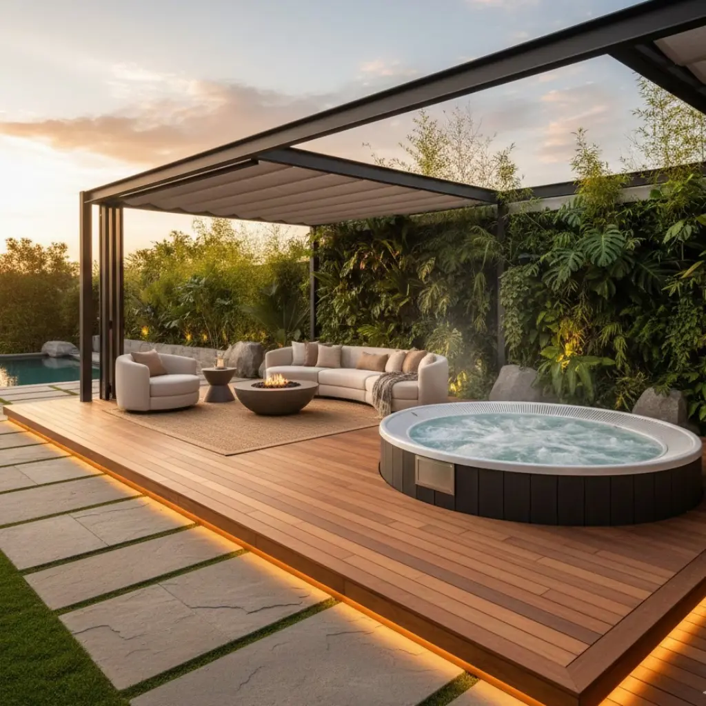 Luxury outdoor backyard jacuzzi design with modern styling, cozy seating, and a resort-inspired yet livable atmosphere