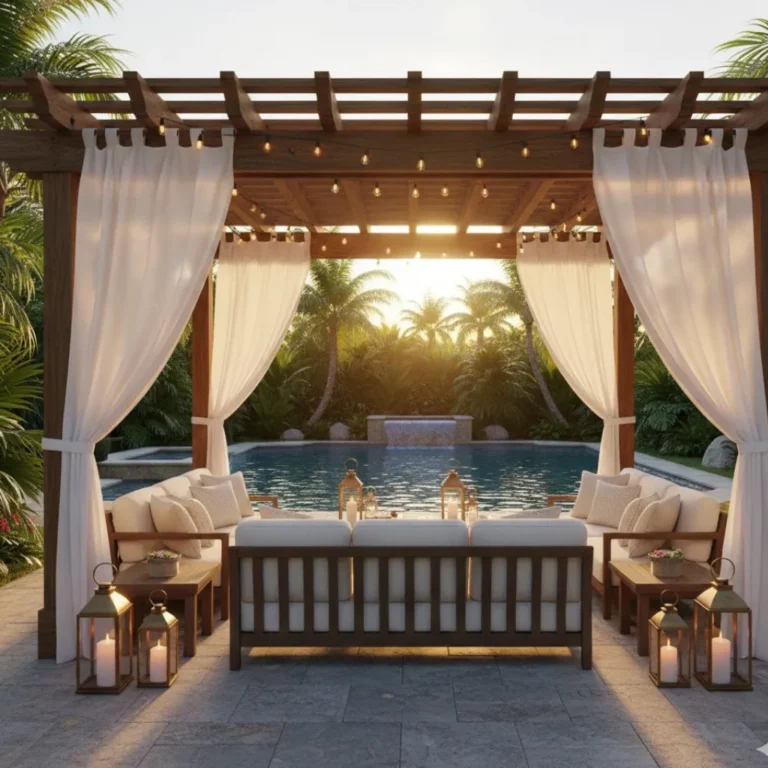 Luxury pergola ideas featuring a resort-style backyard with curtains, warm lighting, and elegant outdoor seating