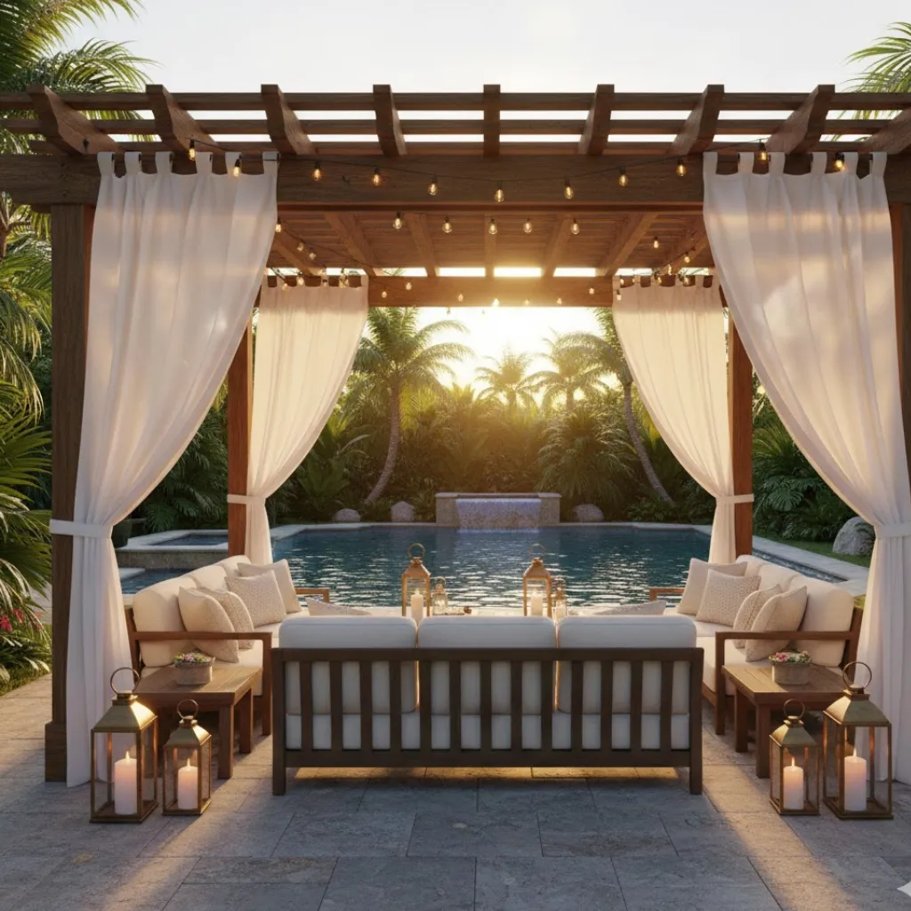 Luxury pergola ideas featuring a resort-style backyard with curtains, warm lighting, and elegant outdoor seating