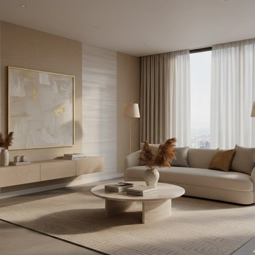 Luxury textured wallpaper adding depth and elegance to a modern living room.