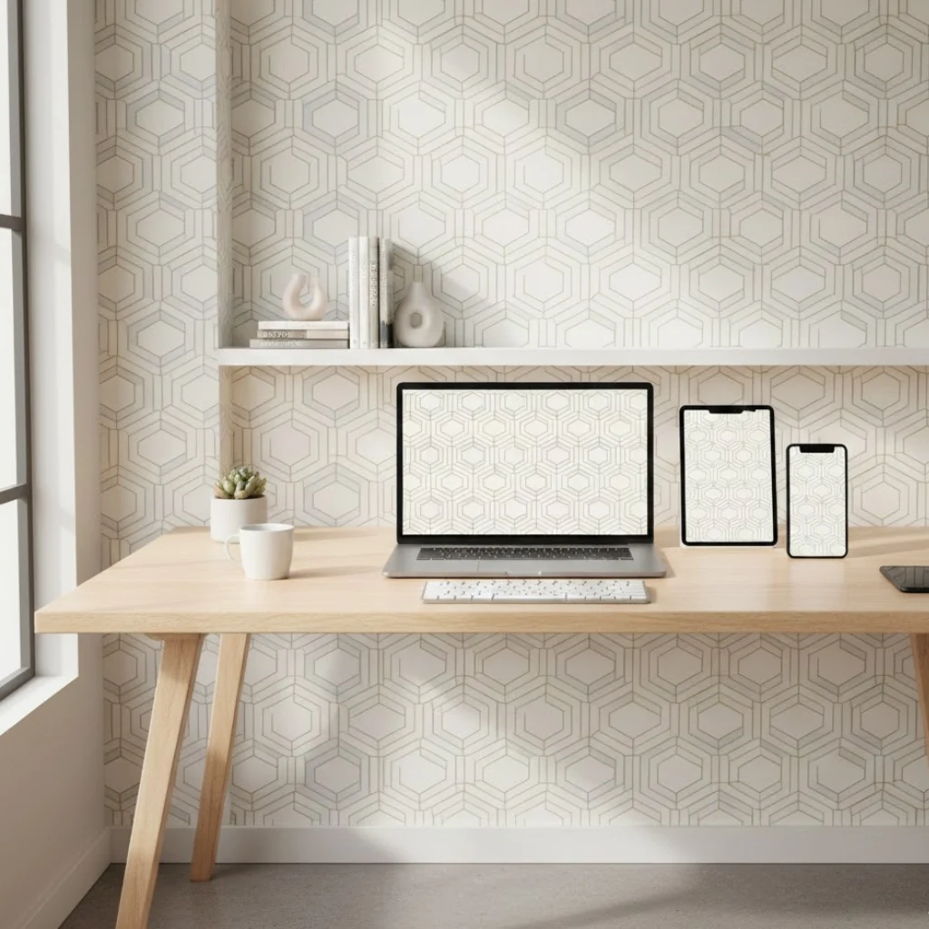 Matching wallpaper designs for laptop, iPad, and iPhone creating a cohesive aesthetic workspace.