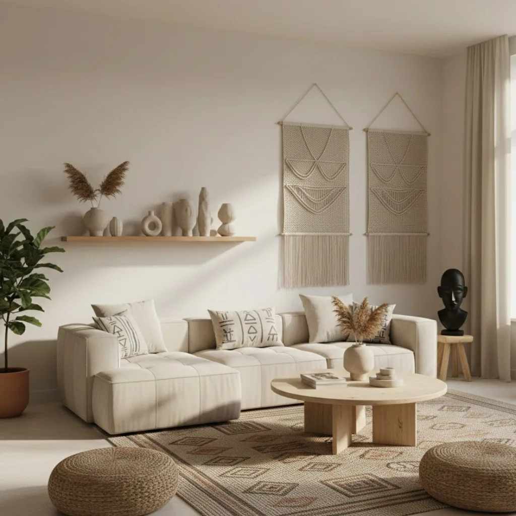 Minimal Afrohemian living room with clean layout and subtle African design details