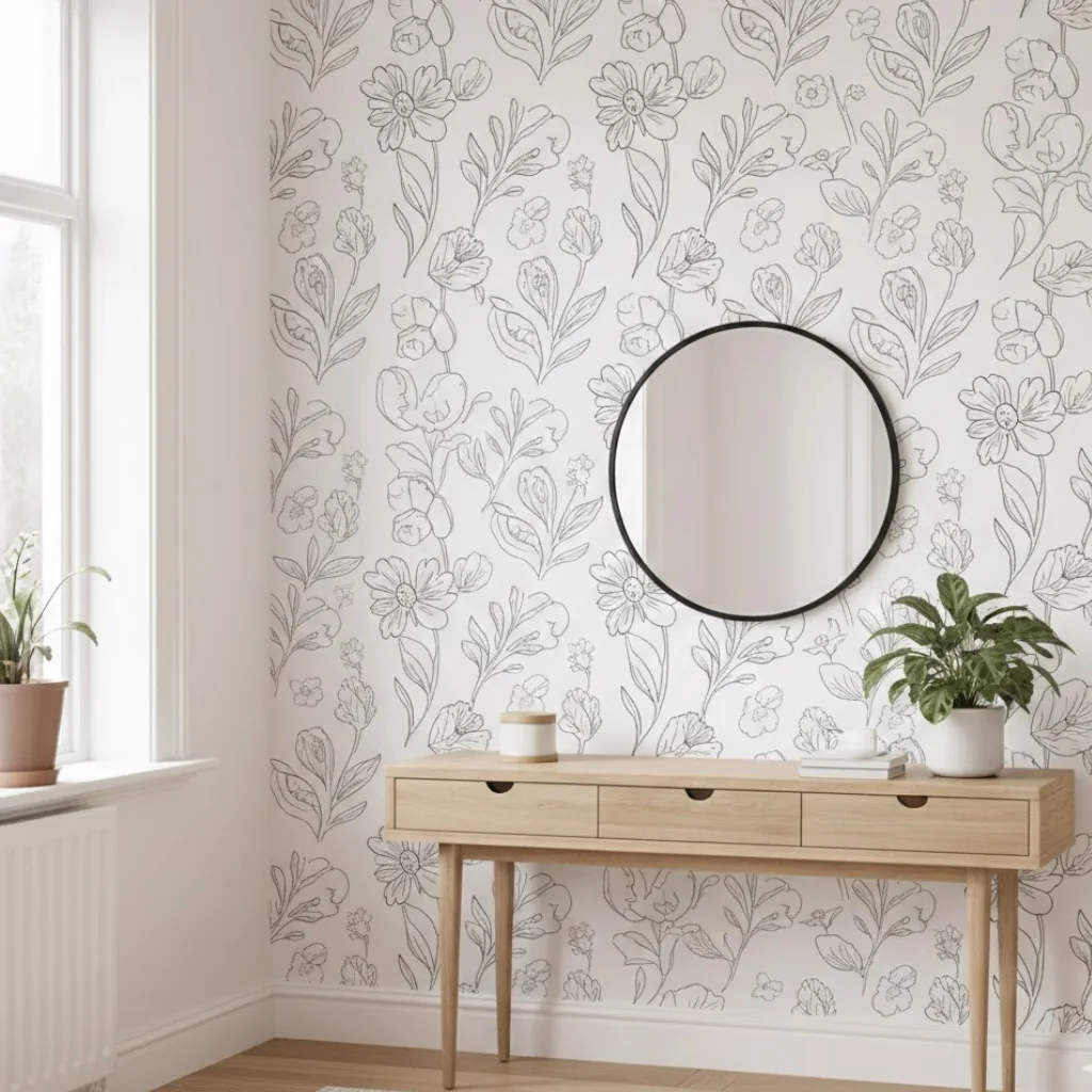 Minimal floral line art wallpaper with modern black and white flower outlines